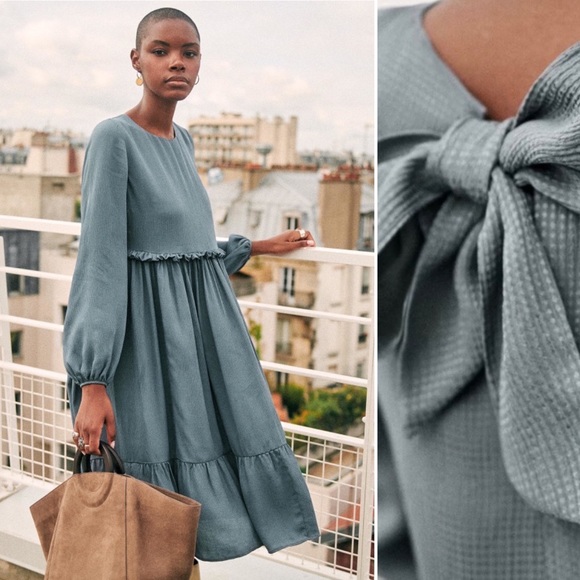 Sezane Dresses & Skirts - Sézane Ares Silk Midi Peasant Dress French Blue Size 34